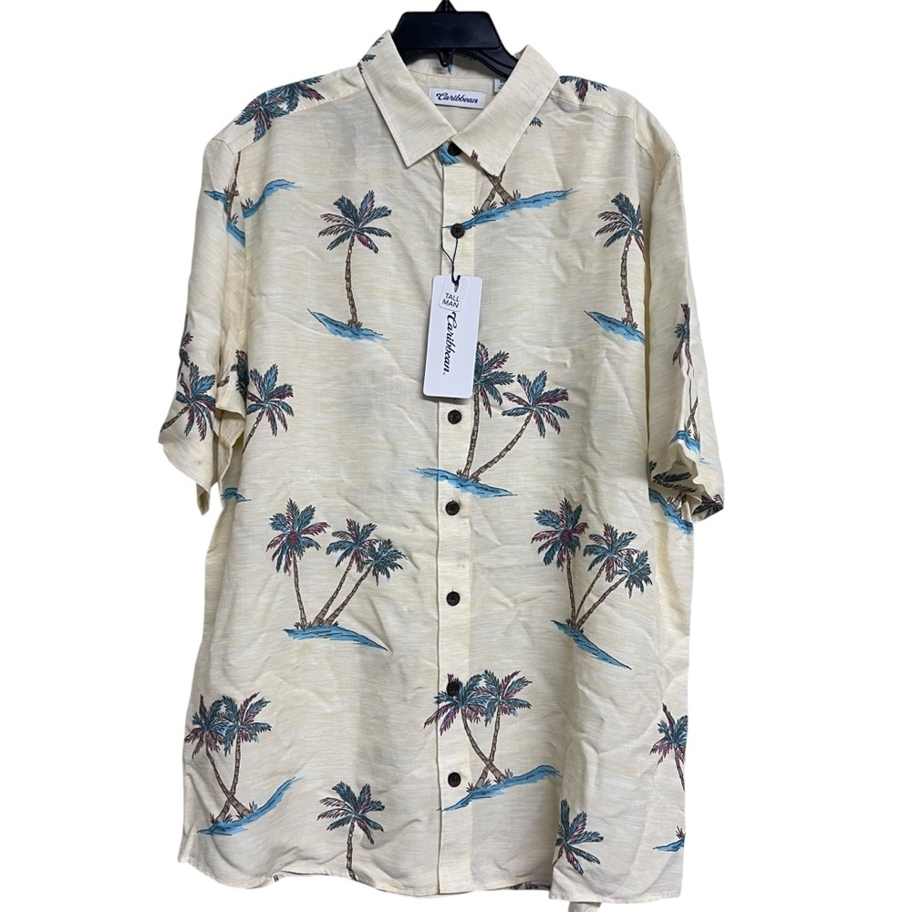 NWT‎ Caribbean Men's Palm Tree Tropical Cream Button Down Short Sleeve Shirt XL